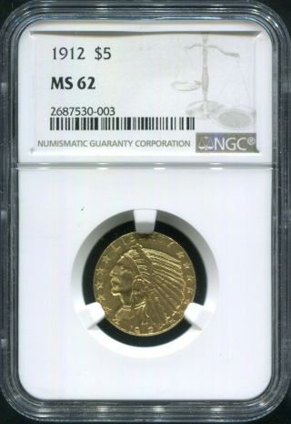 1912 U.  S.  Indian Head Half Eagle $5 Gold Coin Ngc Graded Ms 62