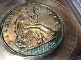 1855 - O 50 Cent Seated Liberty With Arrows Purple Icg Ms - 62