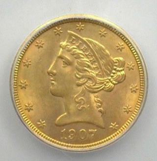 1907 Liberty Head $5 Gold Half Eagle Icg Ms65 Lists For $1,  750