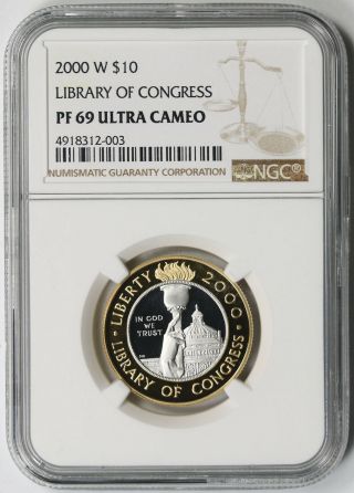 2000 - W Library Of Congress Bimetallic Commemorative $10 Pf 69 Ultra Cameo Ngc