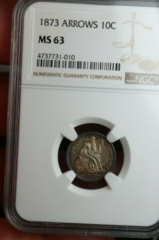 1873 Seated Liberty Dime With Arrows 10c Ngc Graded Ms63 Silver Coin