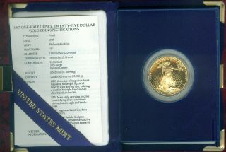 Proof 1987 $25.  00 Gold Eagle - 1/2 Oz Fine Gold - With