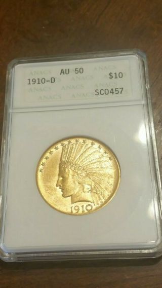 1910 - D.  Us Gold $10 Indian Coin Au50 Coin.
