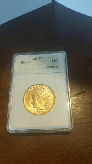 1910 - D.  US GOLD $10 Indian Coin AU50 Coin. 3
