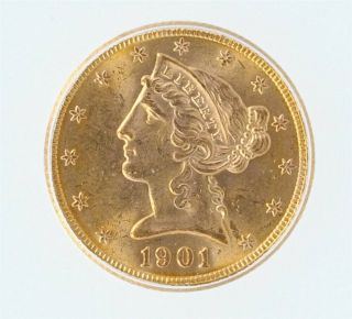 1901 - S Liberty Head $5 Gold Half Eagle Icg Ms65 Valued At $1,  650