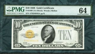 1928 $10 Gold Certificate Fr 2400 Pmg 64 (aa Block) Woods Mellon