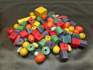 89 Vintage Wood Building Blocks Assorted Shapes With Drilled Holes In Center