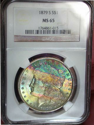 1879 - S Ngc Ms 65 Morgan - Bag & Cheek Textile Rainbow Tone With Money Colors