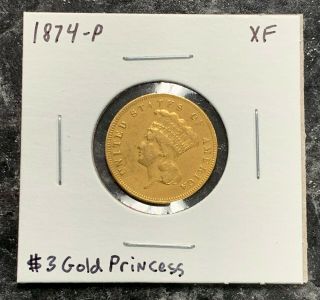 1874 - P U.  S.  $3 Three Dollar Princess Gold Coin Extra Fine Nr