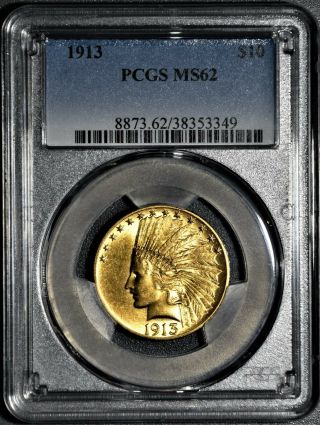 1913 $10 Indian Head Gold Eagle Coin,  Certified By Pcgs Ms62,  Jb47