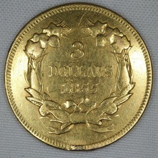 1855 $3 Three Dollar Gold Indian Princess Coin - Rim Damage 3