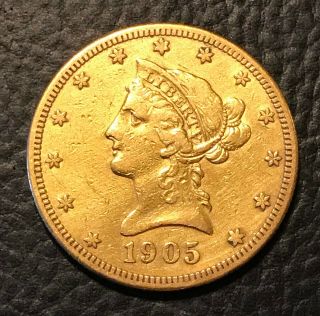 1905 S United States $10 Ten Dollar Liberty Head Gold Eagle Coin.