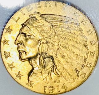1914 $5 Gold Indian Head Quarter Eagle BU,  Looks Undergraded Luster 2