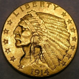 1914 Indian Head Gold Quarter Eagle $2.  5 Appealing W/sharp Feathers