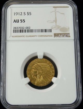 1912 S Five Dollar Gold Indian Coin Ngc Au 55 (002)