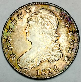 1824 Capped Bust Half Solid Gem Bu,  Gorgeous Rainbow Toning Great Find Nr 12018