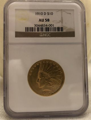 1910 - D $10 Indian Head Eagle Us Liberty Gold 1/2 Oz Ngc Au 58