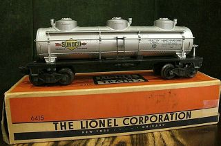 Sharp,  Lionel Trains No.  6415 Sunoco 3 - Dome Tank Car W/box,  O Gauge Look