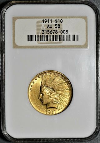 1911 $10 Indian Head Gold Eagle Coin,  Certified By Ngc Au58,  Eq50