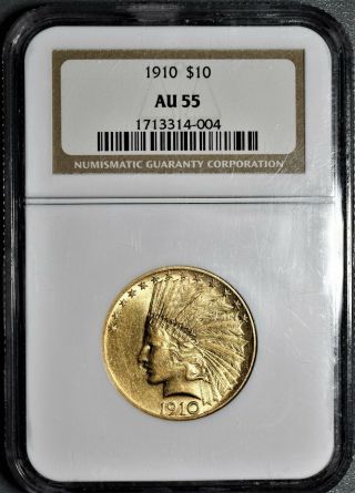 1910 $10 Indian Head Gold Eagle Coin,  Certified By Ngc Au55,  Eq49
