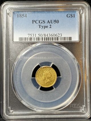 1854 G$1 Type 2 Gold Dollar Pcgs Au50