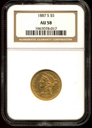 1887 - S $5 Liberty Head Five Dollar Gold Half Eagle Au58 Ngc 1967078 - 017