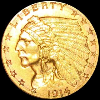 1914 - D $2.  50 " Quarter Eagle " Appears Uncirculated Denver Bu Indian Lustrous Gold