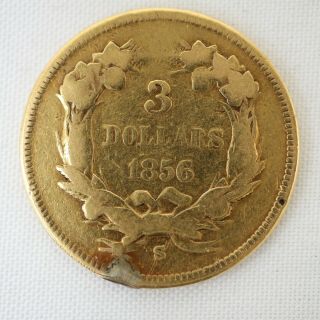 1856 S $3 Three Dollar Gold Indian Princess Coin - Worn / Jewelry Rim Damage