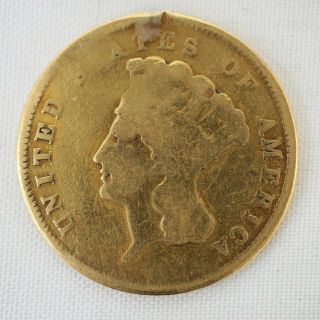 1856 S $3 Three Dollar Gold Indian Princess Coin - Worn / Jewelry Rim Damage 2