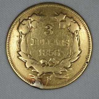 1856 S $3 Three Dollar Gold Indian Princess Coin - Worn / Jewelry Rim Damage 3