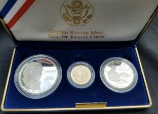 1993 - S Bill Of Rights 3 Coin Proof Set $5 Gold $1 Silver & Half Dollar Silver Nr