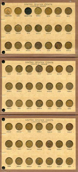 Us Coin Old Time Wayte Raymond Boards Lincoln Cent Complete Set 1909 - 63 No S Vdb
