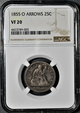 1855 - O Arrows 25c Silver Seated Liberty Quarter,  Certified By Ngc Vf20,  Ez24