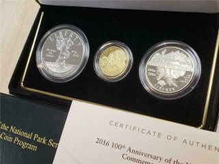 2016 3 - Pc 100th Anniv National Park Gold & Silver Proof Coin W Orig Box Cert Ac