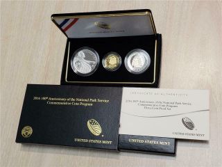 2016 3 - pc 100th Anniv National Park Gold & Silver PROOF coin w orig box cert AC 3