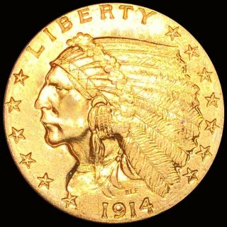 1914 - D $2.  50 " Quarter Eagle " Appears Uncirculated Denver Key Date Lustrous Gold