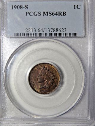 1908 S Indian Head Penny 1c Pcgs Ms64 Rb Red Brown Gem Unc Ms 64