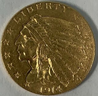 1914 Indian Head $2.  50 Gold Quarter Eagle Coin Great Eye Appeal Key Date