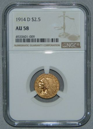 1914 D Gold $2.  5 Indian Head Quarter Eagle,  Ngc Au58 Coin
