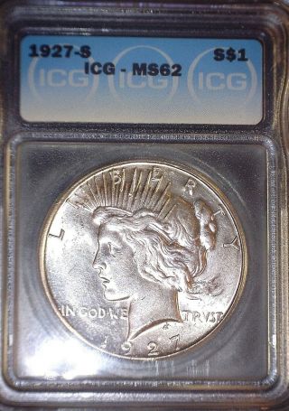 1927 - S Peace Silver Dollar,  Icg Ms62,  Tough Date,  Swirling Shine.