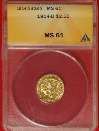 1914 - D $2.  50 Ngc Ms 61 Choice Uncirculated Denver Indian Gold Quarter Eagle Coin