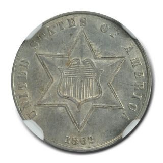 1862/1 Three Cent Piece - Silver Type 3 3cs Ngc Ms62