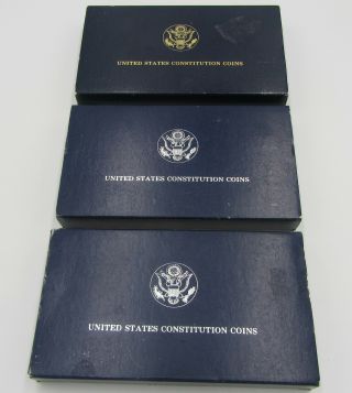 United States Constitution Coins Proof Set 1987 $5 Gold & 2 1 Dollar Silver