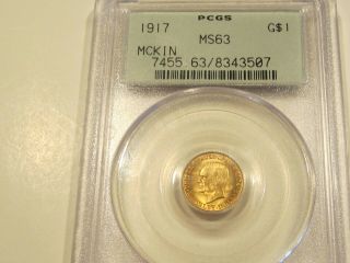 Brilliant 1917 Gold Mckinley Commerative Dollar Pcgs Ms63 (ogh)
