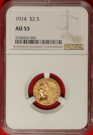 1914 $2.  50 Ngc Au 53 Choice Almost Uncirculated Indian Gold Quarter Eagle Coin