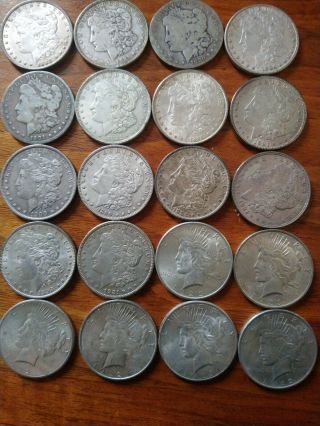 Full Roll Of 20 Silver Dollars 14 Morgan,  6 Peace,  Assorted Dates.