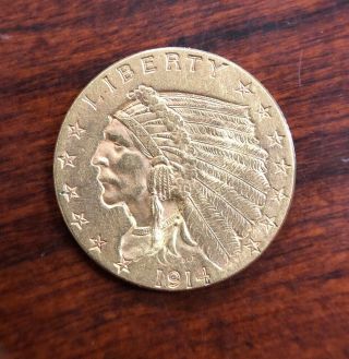 1914 $2.  50 Quarter Eagle Indian Head Gold Coin 3
