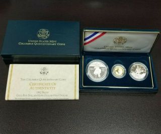 1992 Columbus Quincentenary 3 Coin Proof Set W/ Box & 92cul