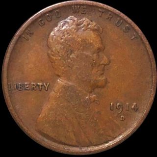 1914 - D Lincoln Wheat Penny About Uncirculated Denver Au 1c Copper Collectible Nr