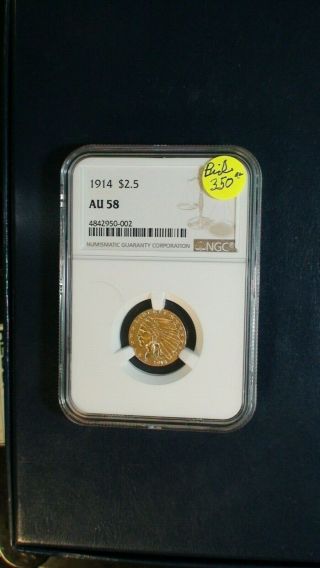 1914 $2.  5 Gold Indian Ngc Au58 Better Date $2.  5 Coin Priced To Sell Quickly